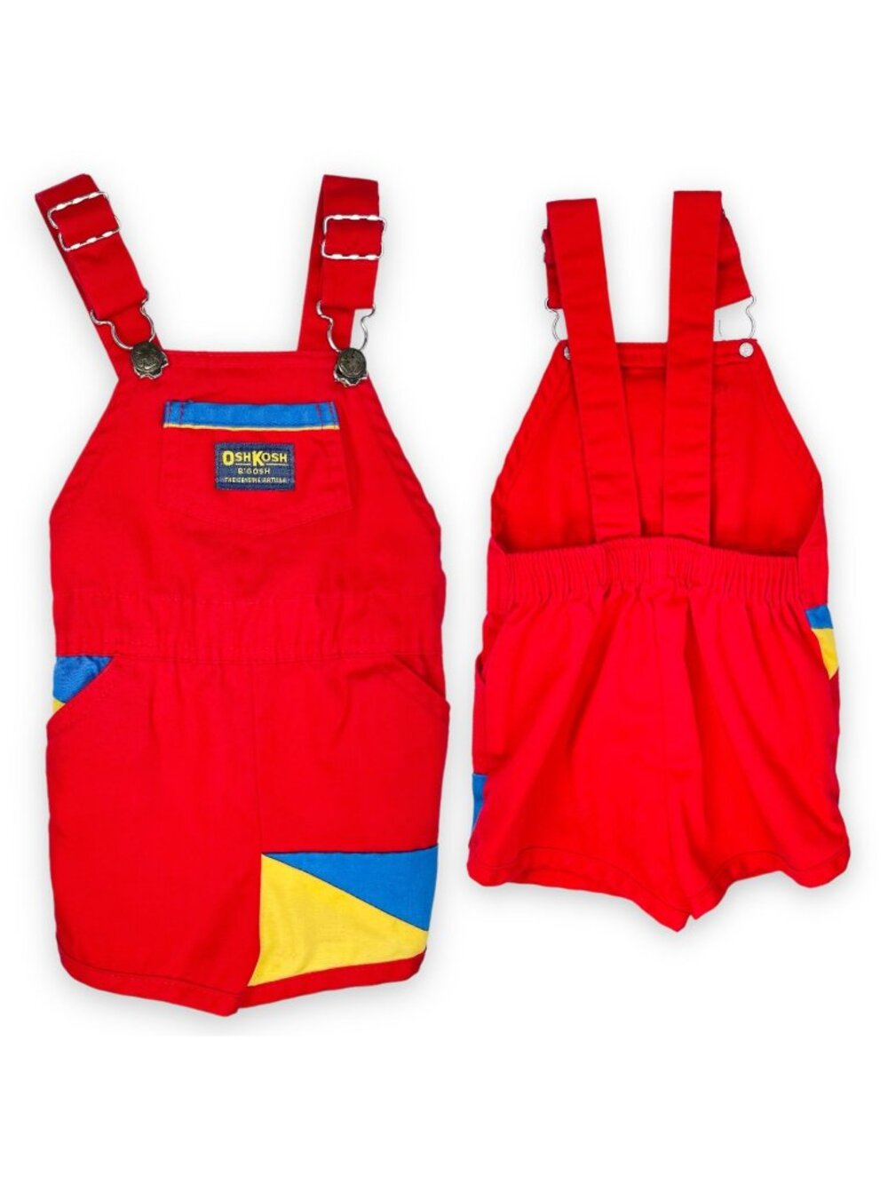 Vintage Oshkosh Color Block Elastic Waist Shortalls Short Romper Overalls 18m